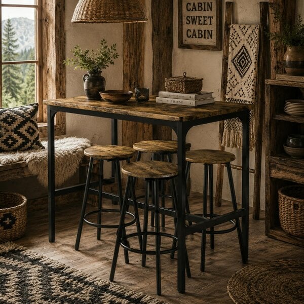 Wyld Haus Soka Wooden Brown And Black 5 Piece Industrial Bar Table And Stool Set