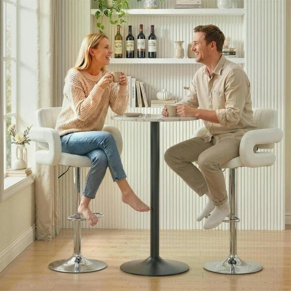 Bar Stools Adjustable Swivel Kitchen Chairs with Backrest Armrest Set of 2 PU Leather White