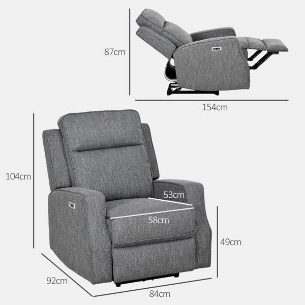 Charcoal grey electric reclining chair showing upright and reclined footrest positions
