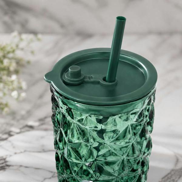 Dyzi 400ml Borosilicate Glass Drinking Cup with Lid Straw Dark Green