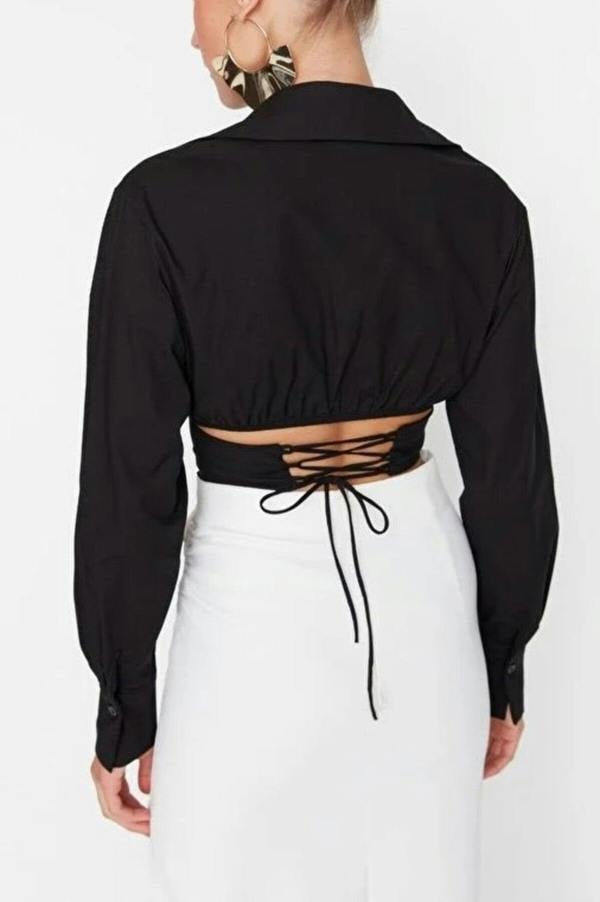 WOVCOR Crop Woven Poplin Shirt with Corset Detail