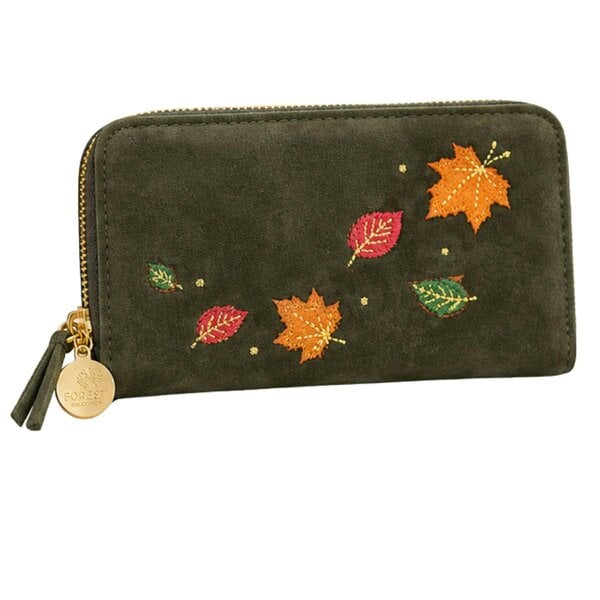 Fores Collection Faux Suede Zip Around Purse with Embroidered Autumn Leaves - Green