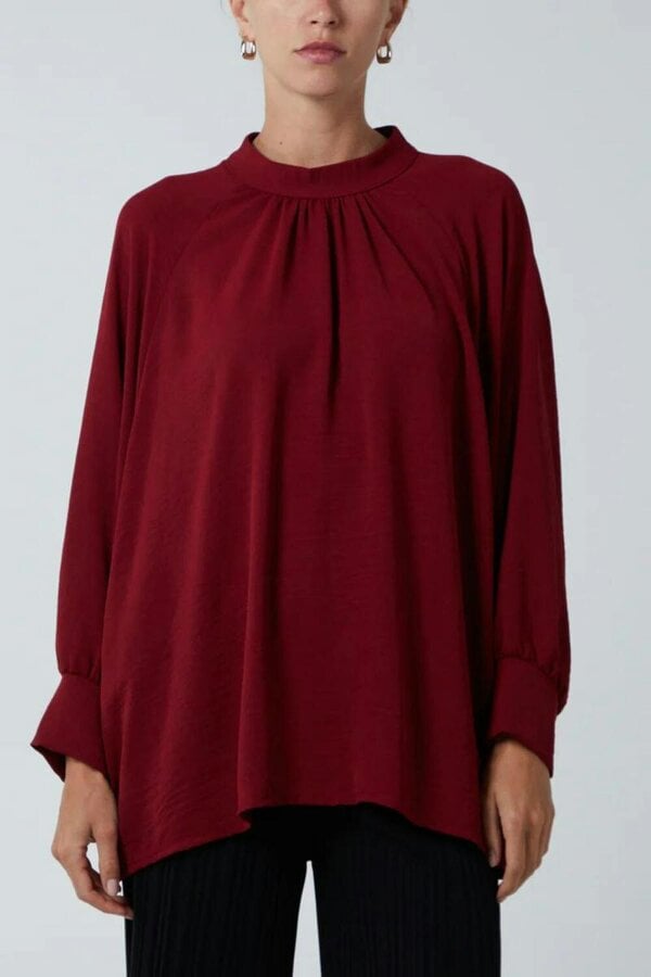 Hoxton Gal Oversized Batwing Long Sleeves Top with High Neck Detail in Burgundy