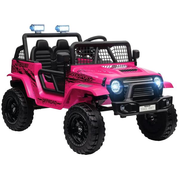 Pink kids electric ride-on truck with LED headlights, steering wheel, and four chunky tires