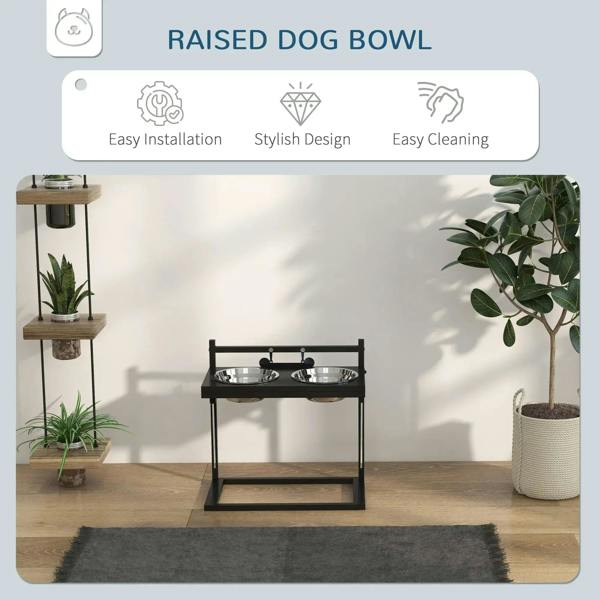 Black raised dog bowl stand with two stainless steel bowls and open bottom shelf
