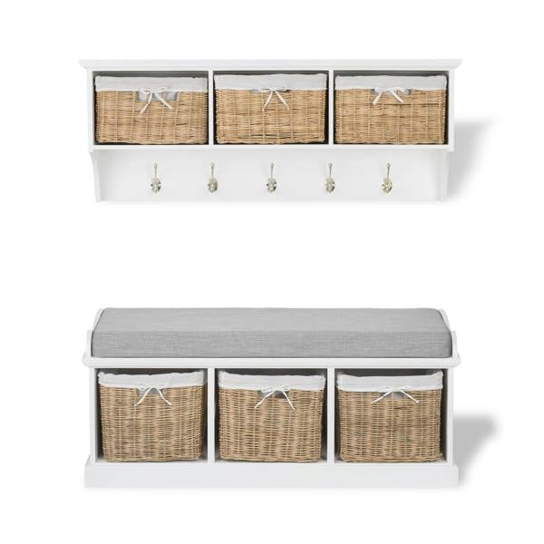 Statement Furniture Tetbury White Storage Bench with Natural Wicker Baskets and Grey Cushion