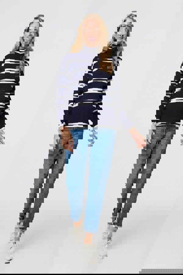 Navy | Striped Roll Neck Relaxed Jumper
