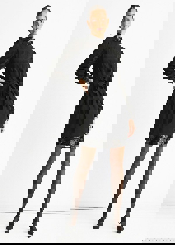 Gini London Black Sequin Trim High Neck Belted Mini Dress