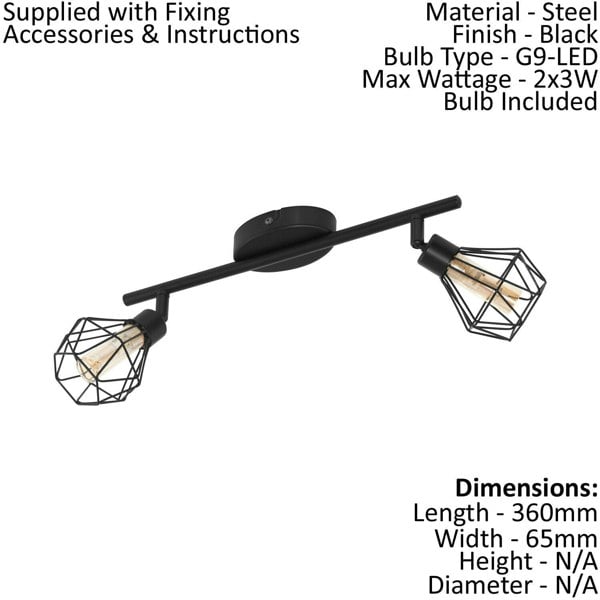 Flush 2 Spot Ceiling Light Colour Black Steel Shade Amber Glass Bulb G9 2x3W Loops