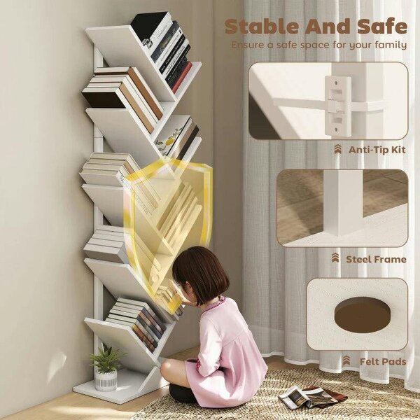 9-Tier Tree Bookshelf, Industrial Free Standing Bookcase with Steel Frame, Display Storage White