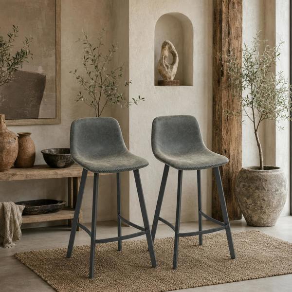 Wyld Haus Nora Set Of 2 Grey Faux Leather Dining Bar Stools With Back And Foot Support