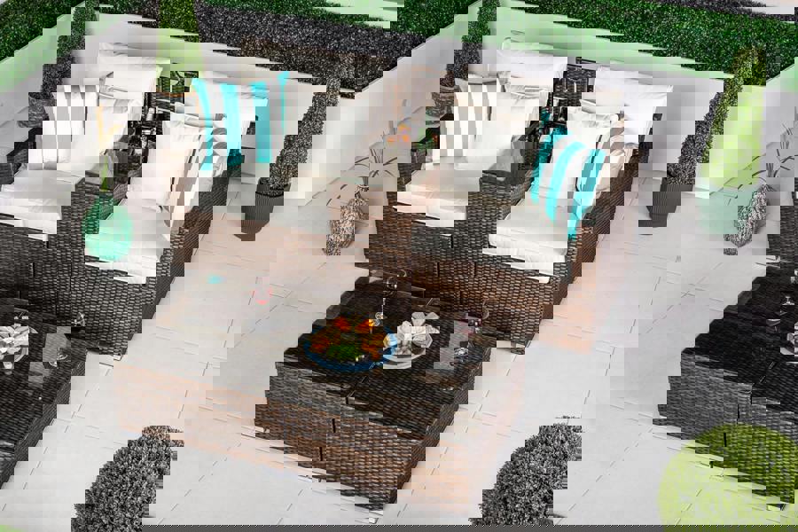 Giardino Havana 2 Seat Modular Sofa Rattan Garden Balcony Furniture Set Outdoor Drinks Cooler Table & 2 Ottomans