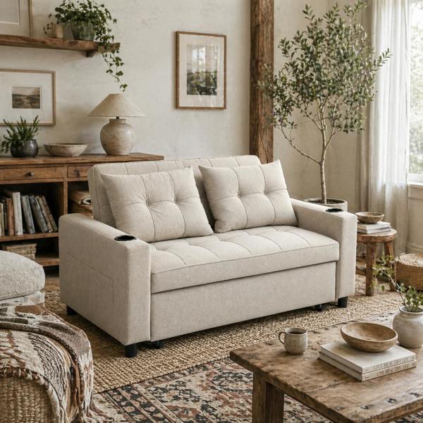 Wyld Haus Kari Fabric Beige 2 Seater Pull Out Sofa Bed