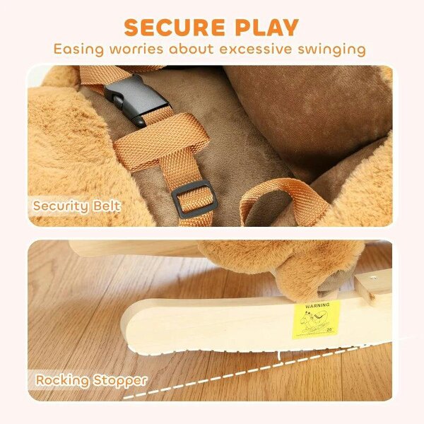 Rocking Horse, Stable Plush Ride on Horse Squirrel Design with Animal Sounds, Security Belt for Toddlers 1-3 Y, Brown