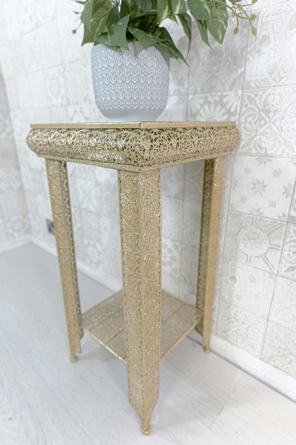 Downton Interiors Light Gold Embossed Metal Mirrored Glass Side Table with Shelf - Agadir Range