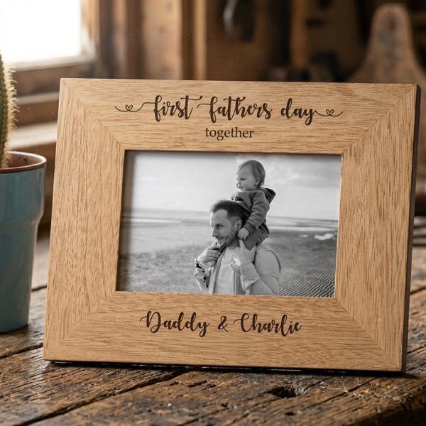 Personalised First Fathers Day Together oak frame by Abode Home & Gifts resting on a rustic, weathered wooden tabletop.