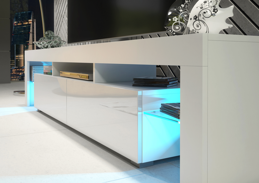 Mex Furniture Sleek Modern 200cm TV Unit Cabinet Stand White High Gloss Doors with Free LED Lights