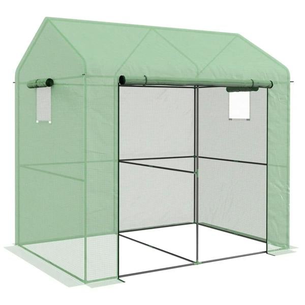 Green walk-in greenhouse with mesh side walls and roll-up front door, black metal frame