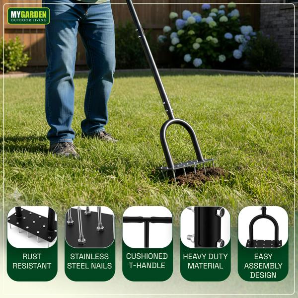 My Garden Outdoor Living My Garden Lawn Aerator Tool with 15 Spikes Built-in with 3 Extra Spikes - 98cm Long Manual Lawn Spike Aerator with T-Handle