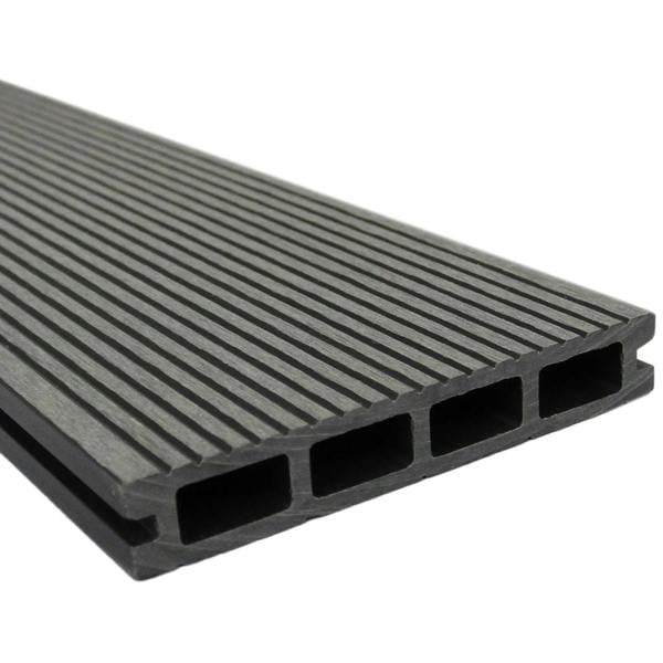 Castle Grey Jardí Composite Decking board with a textured surface and hollow design, ideal for outdoor flooring projects