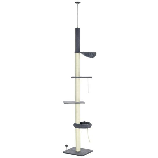 Floor-to-ceiling cat tree with dark grey platforms, cream posts, and hanging hammock