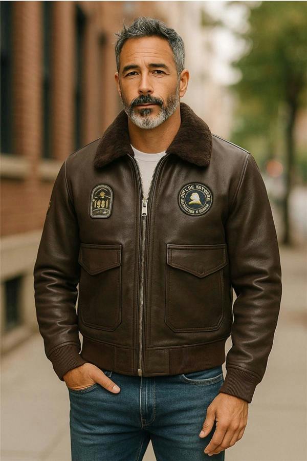 Infinity Leather Men's Leather Bomber Sheepskin Collar G-1 Aviator Jacket - Linear