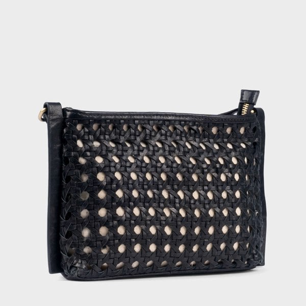 Assots London 'LEATHER LOOM' Black Real Leather Woven Crossbody Bag