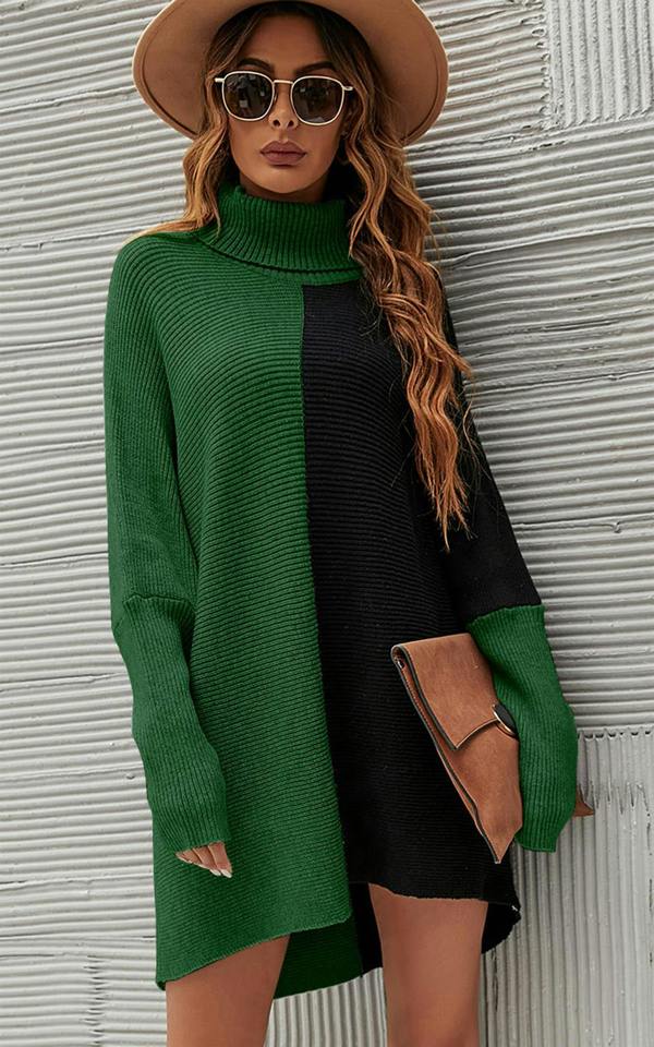 FS Collection High Neck Half Forest Green & Black Block Colour Jumper Top