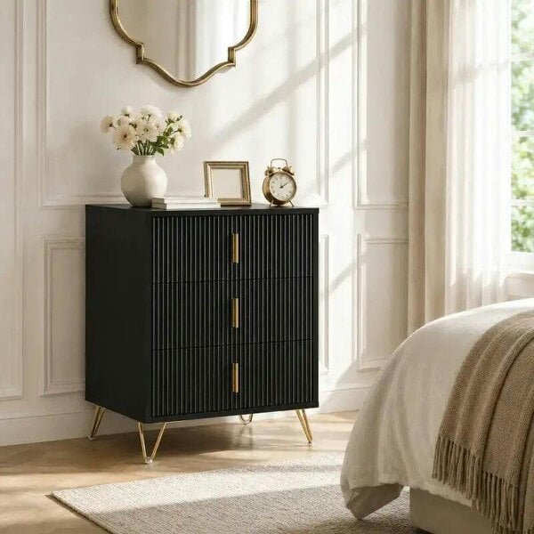 Modern 3-Drawer Dresser, Fluted Bedroom Dresser Chest of Drawers with Metal Legs and Steel Handles for Bedroom, Black - Black