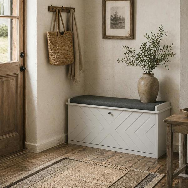 Wyld Haus Rakamo Wooden White Chevron Shoe Bench With Grey Padded Seat For 10 Pairs
