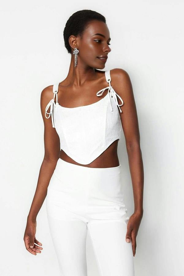WOVCOR Crop Lined Corset Detail Knitted Lace Bustier