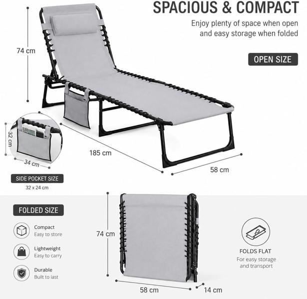Foldable Sunbed Lounger-Light Grey image 10