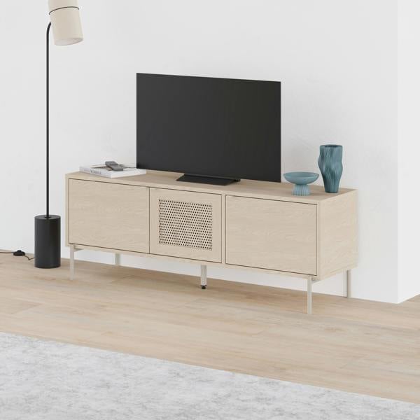 Decortie Modern 140cm TV Stand Unit 50" TVs with 3 Soft-Close Doors, Laser-Cut Pattern, Storage Shelves, Sonoma Oak