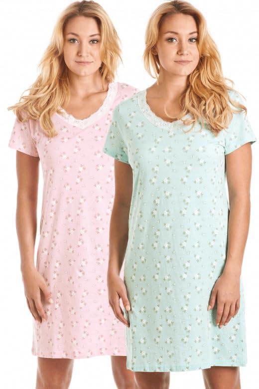 Camille 2 Pack Short Sleeved Summer Cotton Nighties - Breathable & Lightweight Nighties for Women