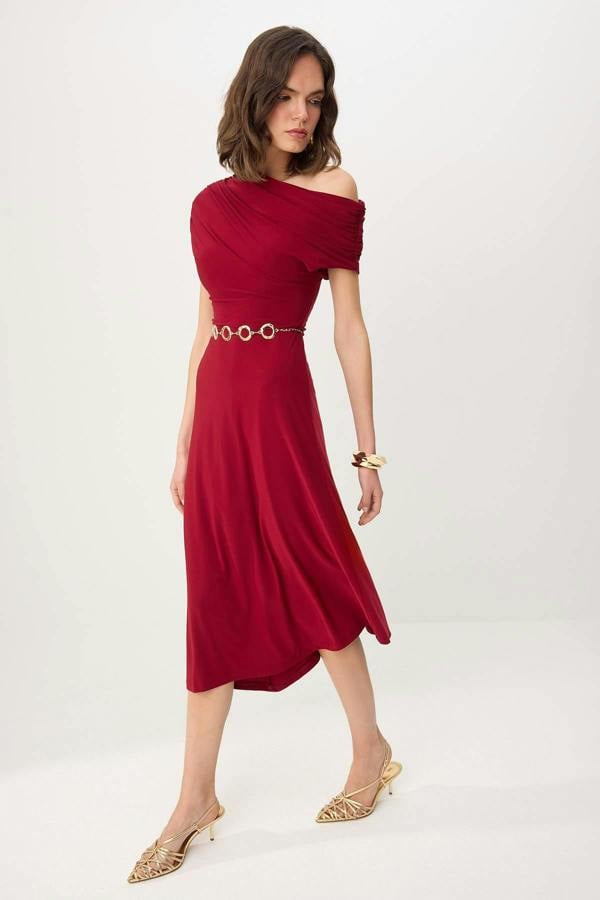 WOVCOR Off Shoulder Ruched Sleeve Chain Belt Midi Party Dress - Burgundy