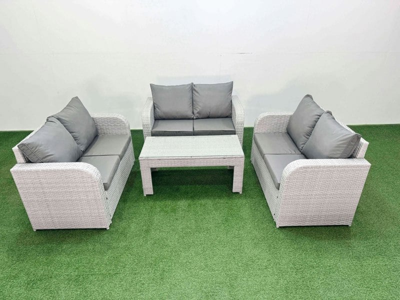 Fimous  6 Seater PE Wicker Rattan Furniture Sofa Sets with Oblong Coffee Table 2 Seater Love Sofa Light Grey
