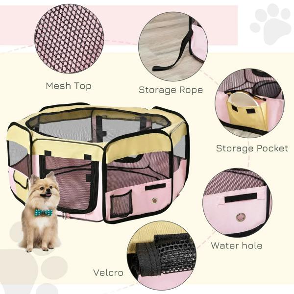 Pink and beige foldable fabric pet playpen with mesh top, storage pocket, and water hole