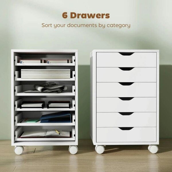 6 Drawer Vertical File Cabinet, Mobile Filing Cabinet with Quiet Drawers and Wheels with 2 Brakes, White