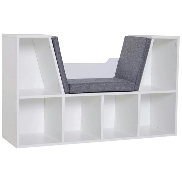 White cube storage shelf with gray cushioned reading seat and two back cushions