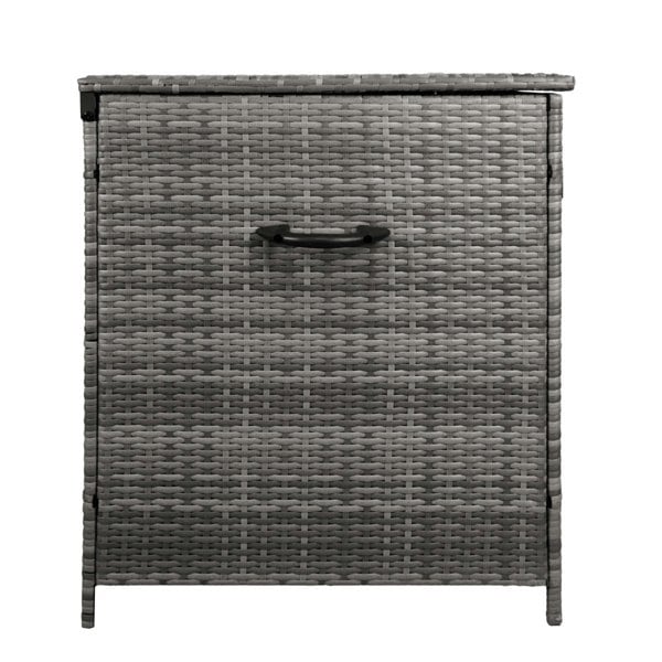 Grey rattan storage box with a textured woven design, featuring a sturdy handle and a spacious 582L capacity for versatile organization