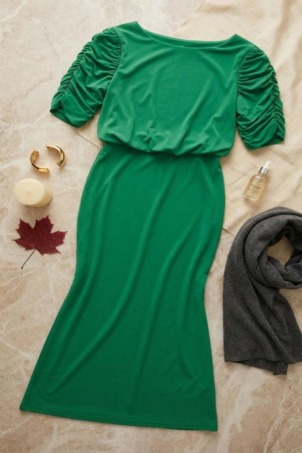 Elvira Ruched Short Sleeve Maxi Dress With Draped Bodice - Green