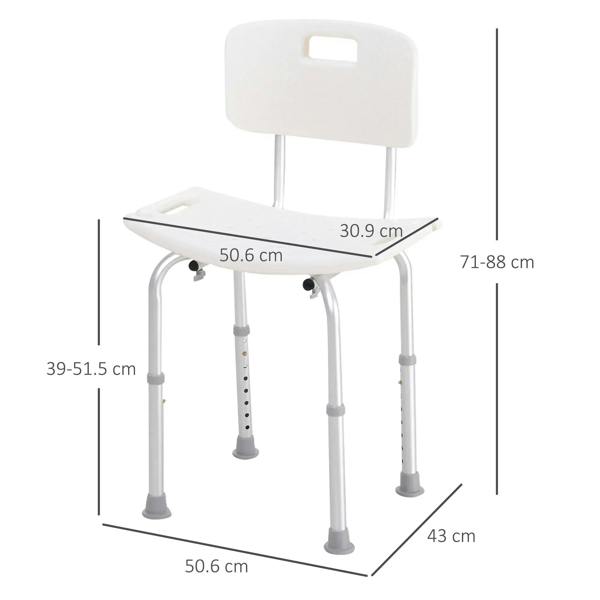 White adjustable bath shower stool with backrest and contoured seat on height legs.