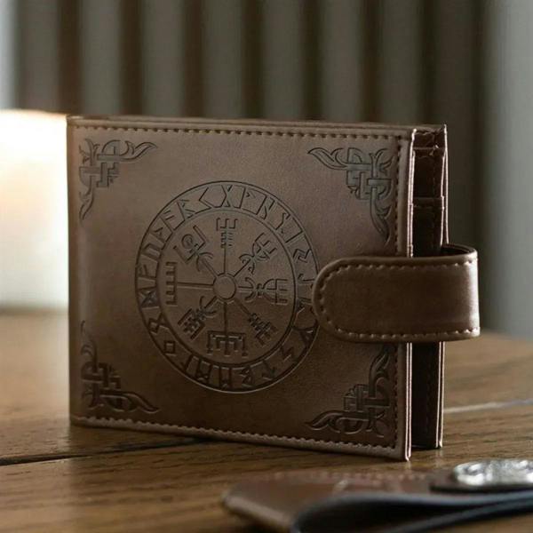 Brown faux leather wallet with engraved compass and side money clip pocket
