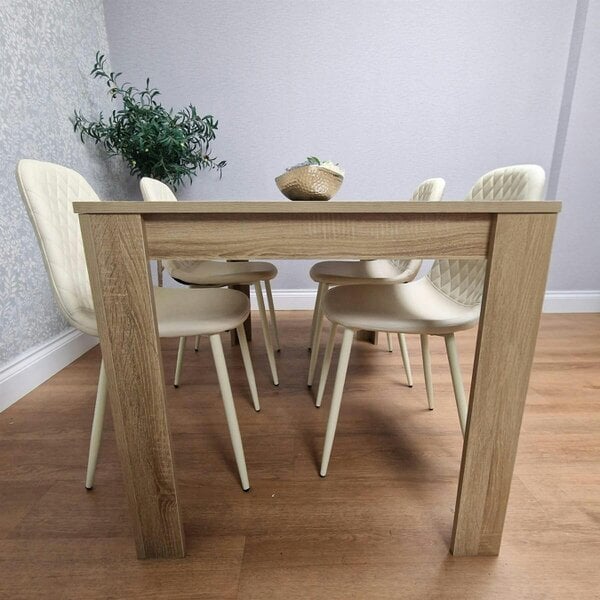 Kosy Koala Oak Effect Wood Dining Table with 4 Cream Gem Pattern Faux Leather Chairs