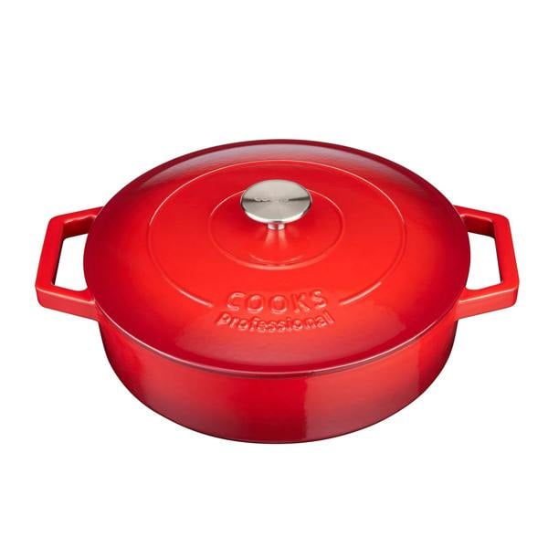 Cooks Professional 28cm Shallow Cast Iron Casserole | Red