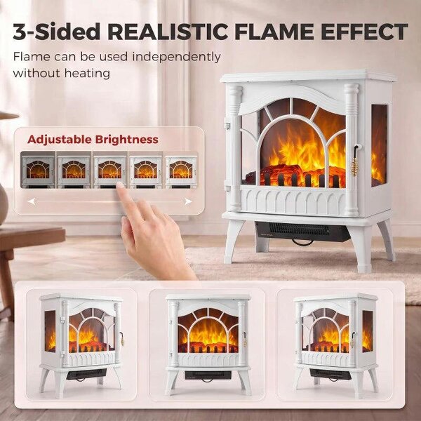 3-Sided Glass Electric Fire Fan Heater, Electric Fireplace Stove Freestanding Log Burner with Flame Effect, White