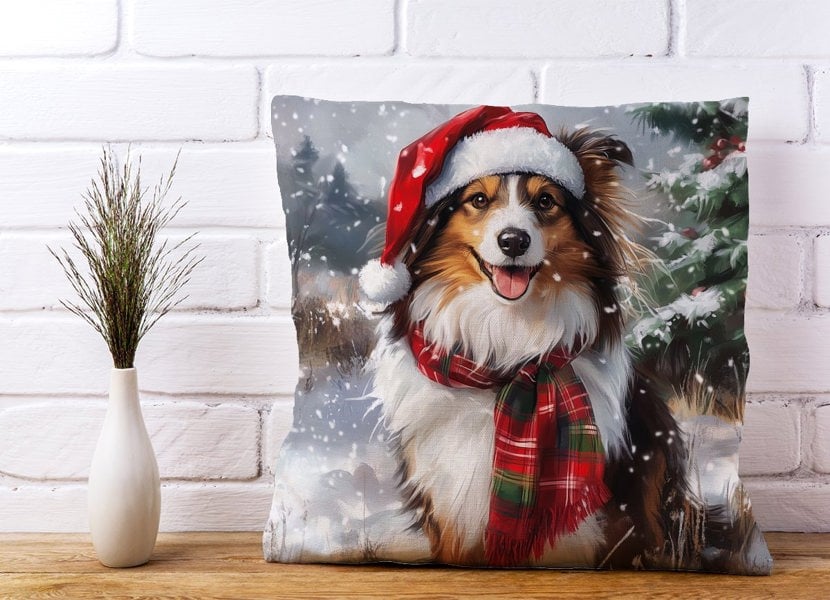 Warren Reed Snowy Christmas Shetland Sheepdog Cushion