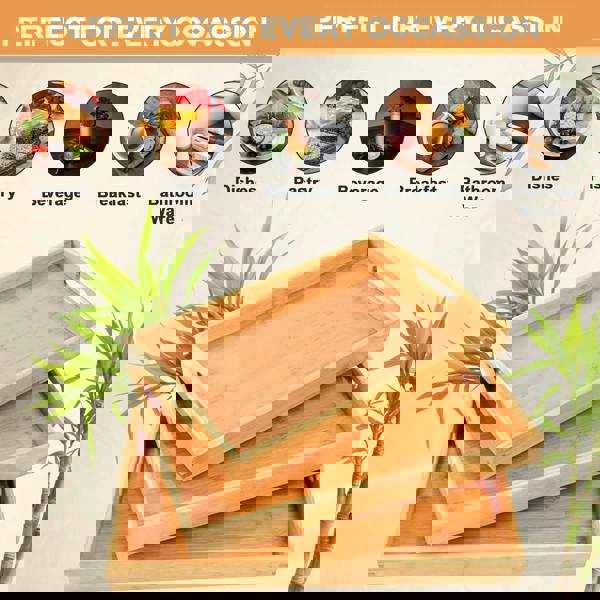 MANTRARAJ Bamboo Serving Trays with Handles Set of 3 Wooden Platters Rectangular Wooden Breakfast Tray