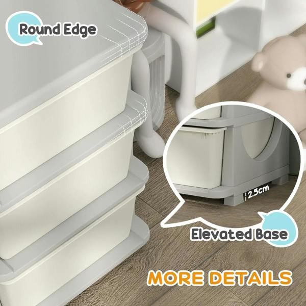 Cream kids storage unit corner detail with rounded edges and elevated base.