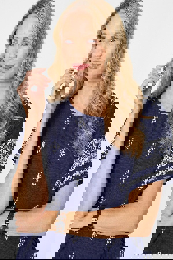 Navy | Border Print Knee Length Shift Dress
